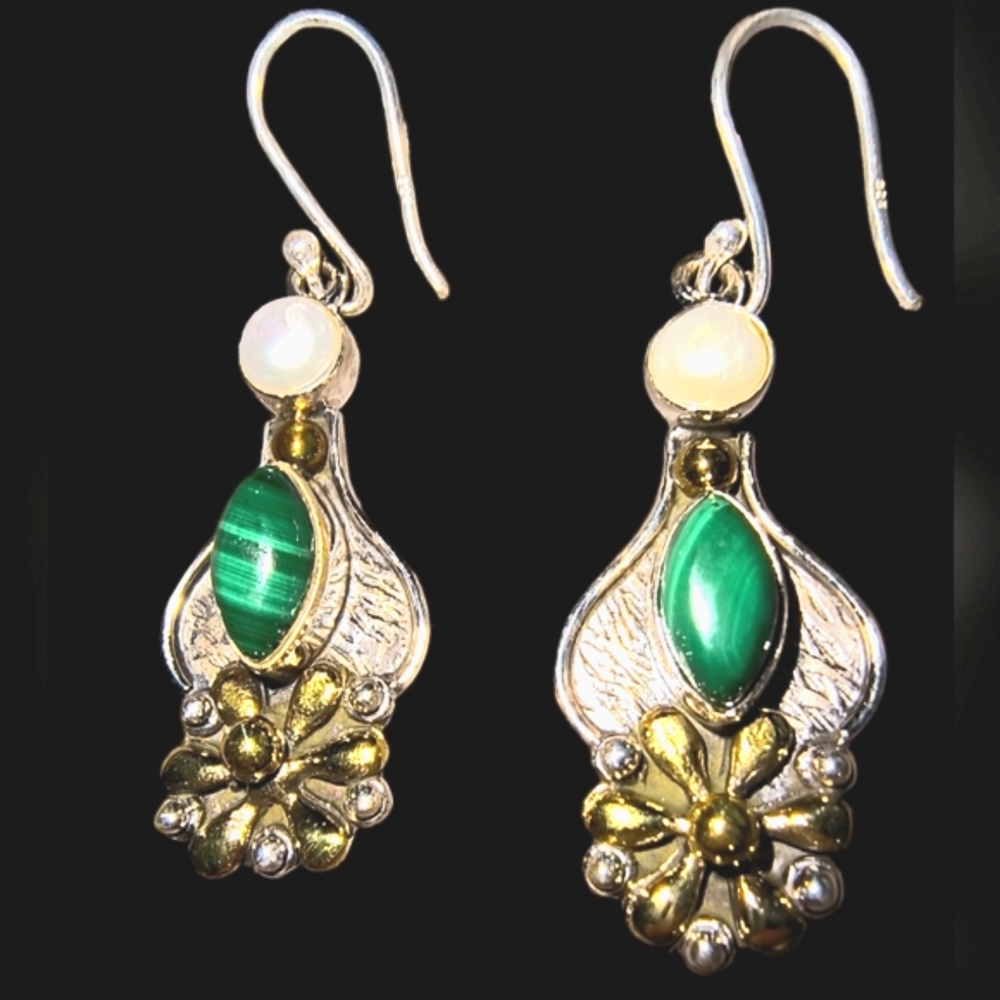 Malachite, Pearl & Sterling Silver Drop Earrings w/ Gold Accents Brand New